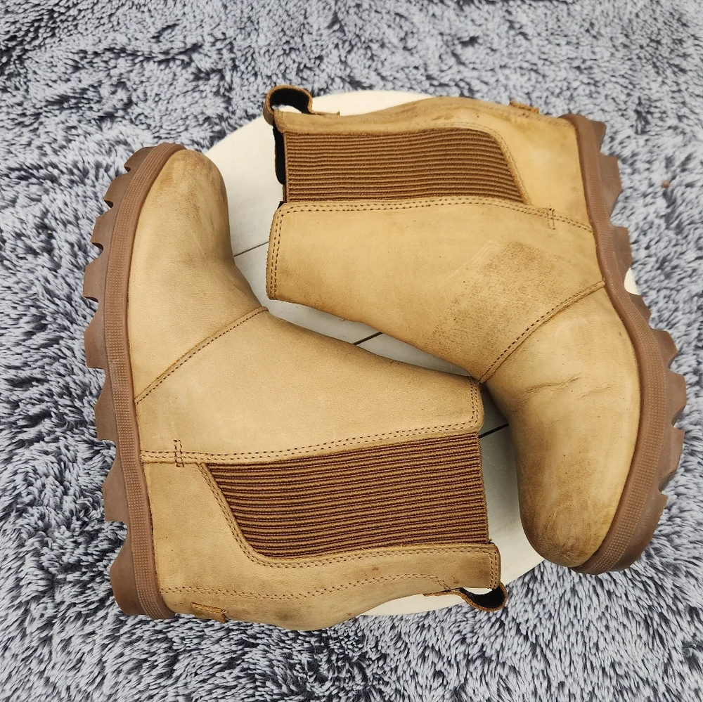 SOREL Joan of Arctic Wedge II Camel Tan Chelsea Leather Boots Women’s Size 7.5 - Picture 5 of 9